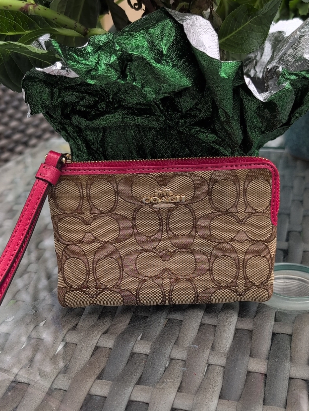 Coach Signature Canvas Wristlet With Red Leather Strap And Gold Hardware